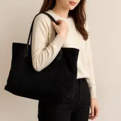 黒 コーデュロイ風 トートバッグ 大容量 A4収納可 肩掛け手提げ内ポケット付き