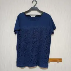 ネイビー レース装飾 半袖Tシャツ Lサイズのサムネイル