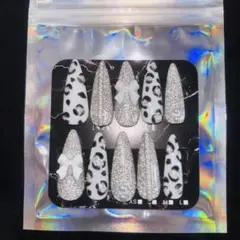 #13シルバーフラッシュ レオパード柄 リボン付きネイルチップ ギャル