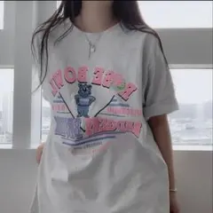 韓国ファッション プリントTシャツ グレー オーバーサイズ ベア柄