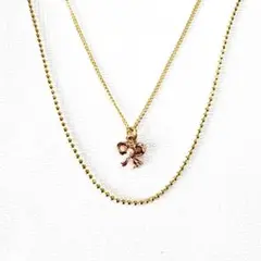 新品 清楚で可愛い♡ ゴールドカラーチェーン二連ネックレス リボン ペンダント