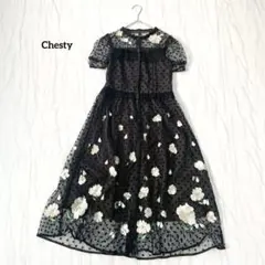 チェスティ 花柄刺繍ミディアム丈半袖ワンピース 透け感 小さめサイズ Sブラックのサムネイル