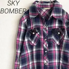 SKY BOMBER シャツ 長袖 チュニック丈 チェック柄 胸ポケット レース