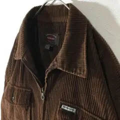 【個性派古着】コーデュロイ シャツジャケット　ファスナー式　茶色　無地　綿製 L