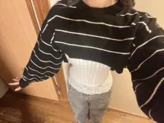 WEGO 短丈黒と白のストライプ クロップドニットセーター