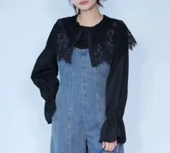 繊細レースカラーキャンディースリーブブラウス ブラック Frene フラーネ