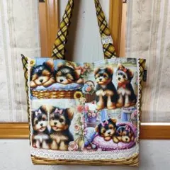 仲良しヨーキーちゃんパネルのトートバッグ(黄色タータンチェック).