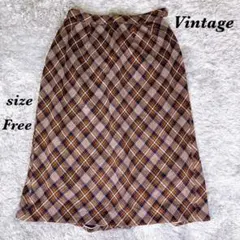 Vintage（Free）チェック柄ひざ丈スカート レトロハンドメイド ブラウンのサムネイル