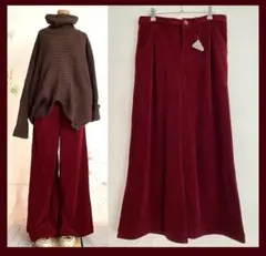 新品 大きいサイズ 暖かいストレッチコーデュロイ ワイドパンツ／ワインレッド3L