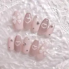 ネイルチップ ピンク ハートマグネットネイル リボン 韓国 ワンホンネイル