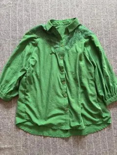 グリーン ブラウス レース切替 七分袖 シャツ カラーシャツ レディース