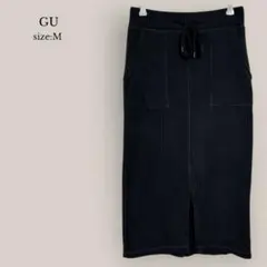 ジーユー GU ワッフルタイトルスカート　フロントスリット　ミモレ丈　ゴム　黒