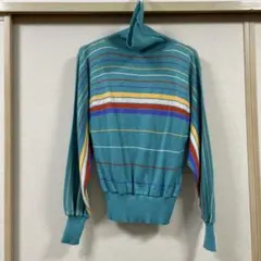 古着　ターコイズ　ストライプ　タートルネック　ニット　レトロ　M