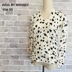 AZULバイマウジー 総柄 Vネック ニット セーター 白 黒 XS長袖B954