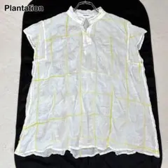 Plantation リネン混ブラウス 板締めプリント 製品洗い 格子柄 白×黄のサムネイル