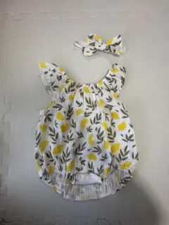 レモン柄ロンパースとヘアバンドセット　3-6m