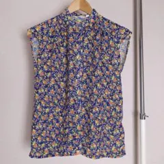 90s vintage 花柄ブラウス ノースリーブ スタンドカラー ネイビーのサムネイル