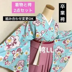 313-卒業袴❤︎着物&袴2点 地紋入り水色 古典柄 九重の袴 襦袢と帯の 