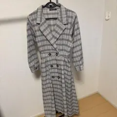 レディース　春、秋　チェック柄トレンチコート風ワンピース
