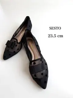 美品SESTO ドットシースルー フラットシューズ リボンローヒールパンプス