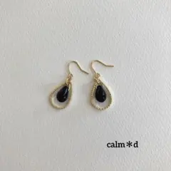 【160】ブラックガラス 雫フープ大 ゴールド ピアス イヤリング ハンドメイド