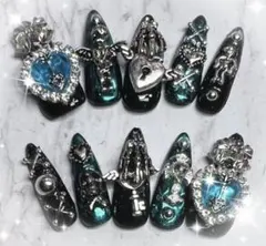 量産型 地雷系 黒青ゴテゴテロック ゴシック ゴスロリ y2k 痛 ネイルチップ