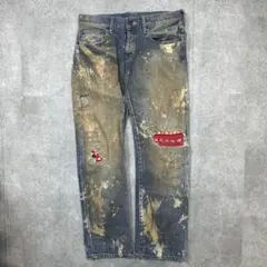Y2Kグランジ ペイント加工 パッチワークリペア ストレートデニムパンツ 