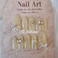 ポイント蝶ネイルチップ現品フレンチガーリーちゅるんワンホン韓国量産型イエロー黄色