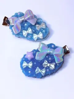ホイップデコ　前髪クリップ　左右２個セット　ハンドメイド　青系統　バラ売り可能◎