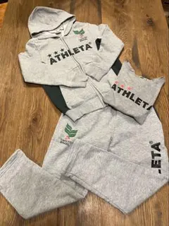 アスレタ フード付スウェット上下 グレー×グリーン　130 長袖Tシャツ　3点