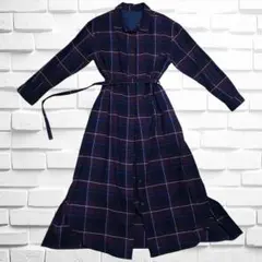 ネイビー系チェック ロングワンピース　カーディガン