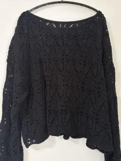 美品 スピックアンドスパン ギマコットン透かし編みボートネック ニット　ブラック