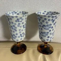 陶器製 ゴブレット 2個セット 花柄 べっ甲風脚　ペアカップ