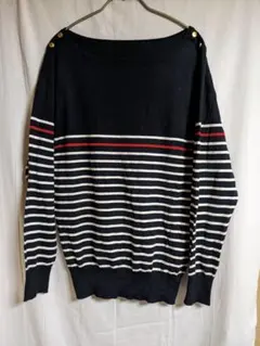 お値下げ　デビュー　QVC ネイビー マリンボーダー長袖ニット ウール混　LL