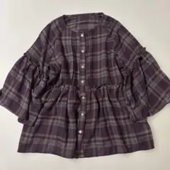 秋 チェックシャツ七分袖シャツ 紫