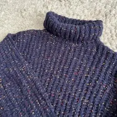 ネイビー リブ編み タートルネックニット