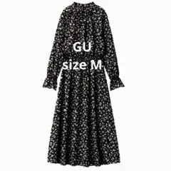 GU フラワープリントハイネックワンピース ロング丈 総柄 長袖 M