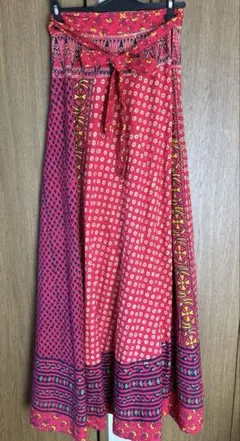 インド綿 ラップスカート ロング丈113cm エスニック レッド ヴィンテージ