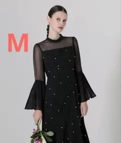 Leja パールビジュープリーツフレアスリーブマーメイドワンピースドレス M