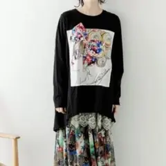 scolar スカラー　リボン　アップリケ　 ロング　Tシャツ　M
