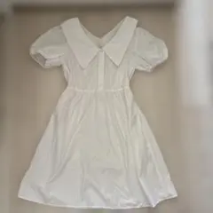 ホワイト 半袖 シャツワンピース 大きな襟付き
