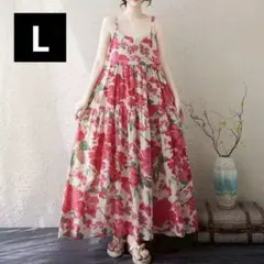 花柄ワンピース レディース Lサイズ ピンク ゆったり マキシ丈 キャミ 夏