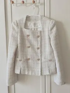 ホワイト ツイード ノーカラージャケットS