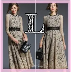 【訳あり】レース ワンピース ドレス ロング マキシ パーティー ベージュ L
