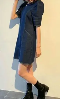 one way ノーカラーデニムワンピース 半袖のサムネイル