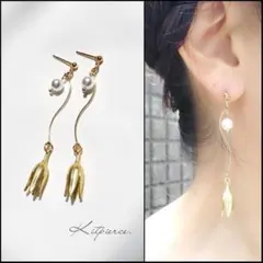 No.83 マットゴールドフラワー 華奢ゆらゆらピアス