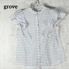 グローブ【M】チェック シャツ ブラウス フリルネック フレンチスリーブ