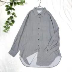 ✨美シルエット✨ストライプ シャツ ロング丈 ネイビー グレー 体型カバー