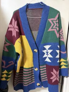 カラフル幾何学模様ニットカーディガン