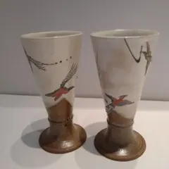 未使用◇ビールグラス　陶器　2客　鳳凰　フリーグラス